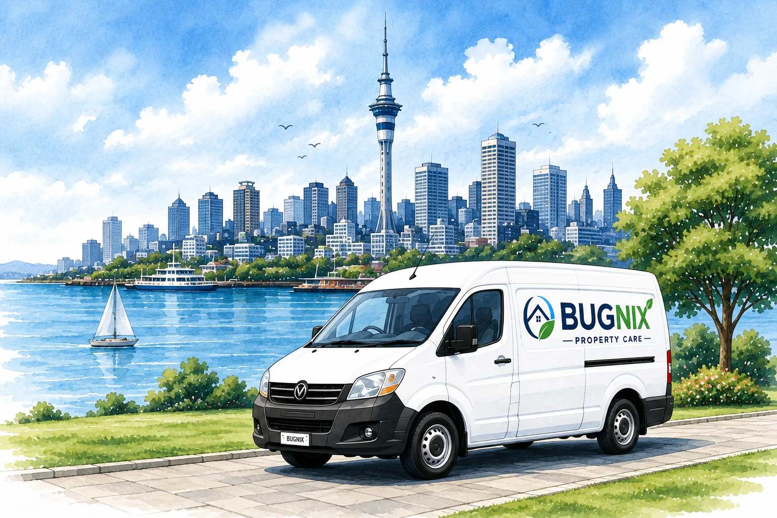 BugNix Property Care van in front of the Auckland skyline