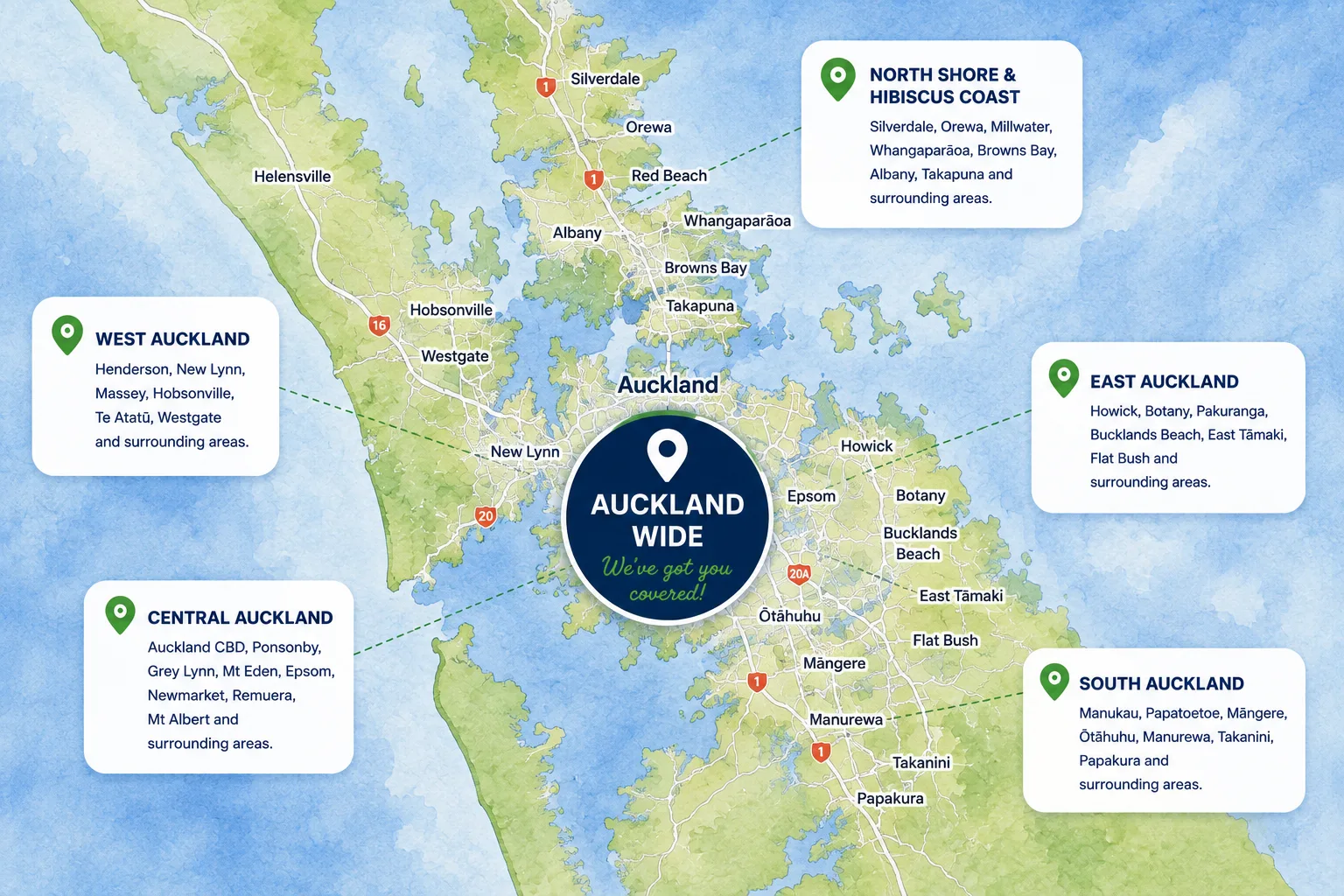 Map of Auckland showing BugNix service areas
